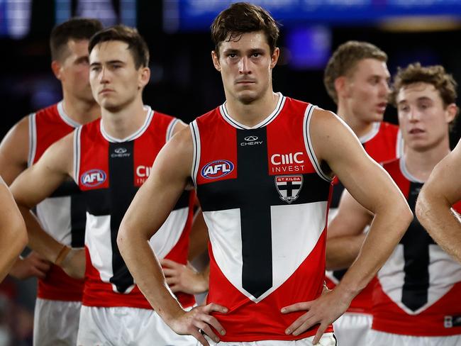 MELBOURNE, AUSTRALIA - APRIL 20: Jack Steele of the Saints looks dejected after a loss during the 2025 AFL Round 06 match between the Western Bulldogs and the St Kilda Saints at Marvel Stadium on April 20, 2025 in Melbourne, Australia. (Photo by Michael Willson/AFL Photos via Getty Images)