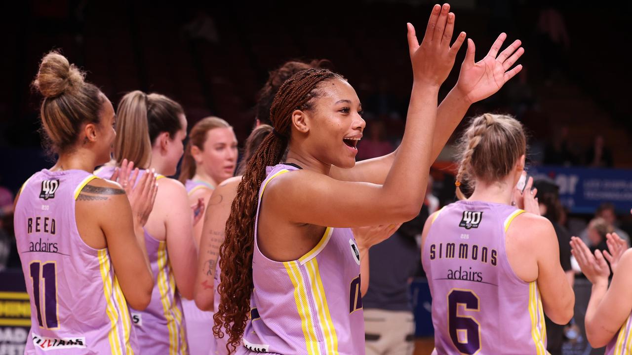 Naz Hillmon is all smiles with her Boomers teammates after the win over Adelaide Lightning. Picture: Getty Images