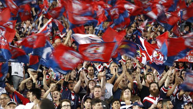 Cheering fans in a sea of red, white and blue.