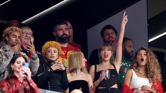 Taylor Swift wearing a Dion Lee corset at this year’s Super Bowl. Picture: Ezra Shaw/Getty Images