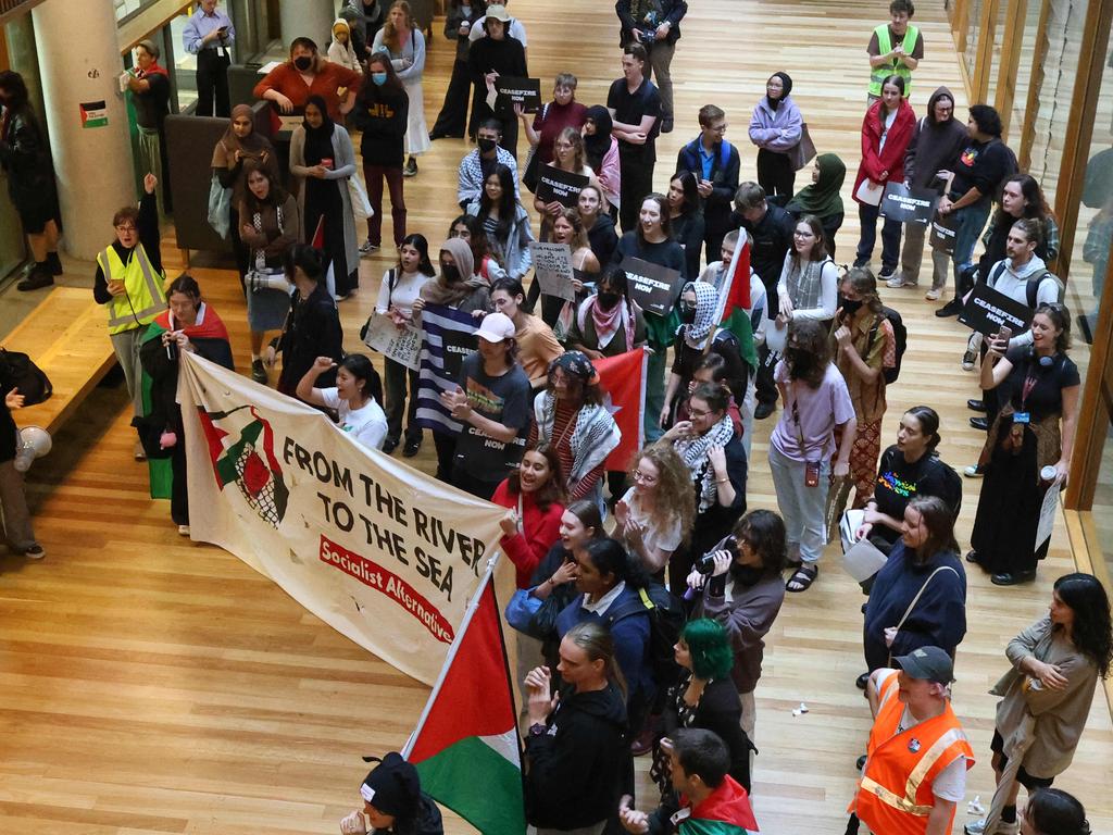 Pro Palestine students at University of Queensland campus protested on site today and for a period of time took over the Advanced Engineering building. St Lucia Thursday 16th May 2024 Picture David Clark