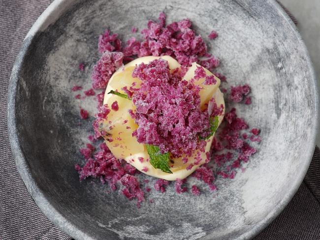 Buttermilk custard, kiwi, red cabbage at IGNI in Geelong. Picture: Rebecca Michael.