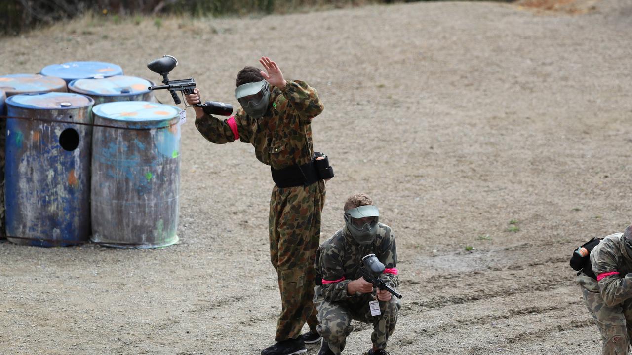 The Crows play paintball on day one of their pre-season camp. Picture: Tait Schmaal