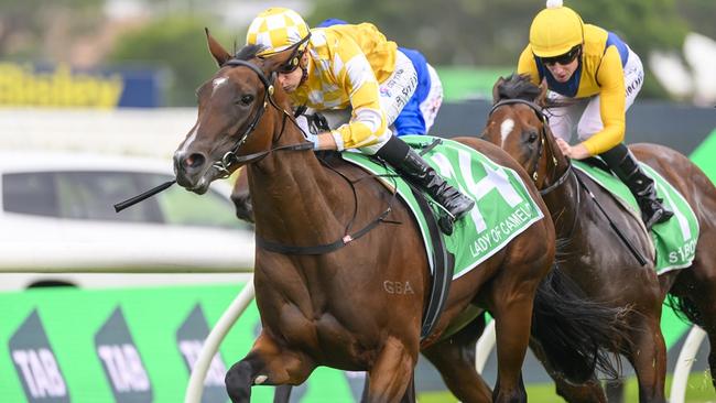 TAB GOLDEN SLIPPER Race 8 - Rosehill Gardens, 23/03/2024, Winner - Lady Of Camelot, Jockey - Blake Shinn, with Storm Boy (Ryan Moore) following. Picture: Bradley Photos