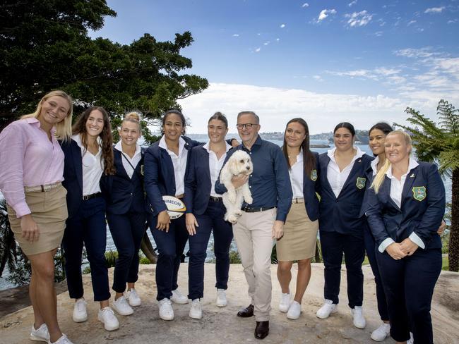 SYDNEY, AUSTRALIA – NewsWire photos FEBRUARY 11, 2023: The Prime Minister, Anthony Albanese, and the Minister for Sport, Anika Wells, welcome Wallaroos players and new Wallabies Coach Eddie Jones to Kirribilli House in Sydney. Picture: NCA NewsWire / Dylan Coker