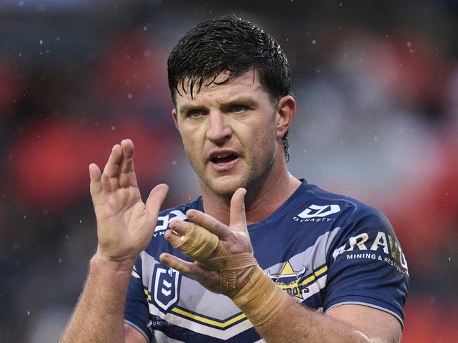 PENRITH, AUSTRALIA - JUNE 30: Chad Townsend of the Cowboys reacts during the round 17 NRL match between Penrith Panthers and North Queensland Cowboys at BlueBet Stadium, on June 30, 2024, in Penrith, Australia. (Photo by Brett Hemmings/Getty Images)