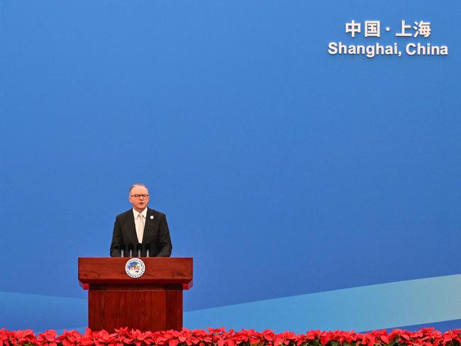 Australia's Prime Minister Anthony Albanese speaks during the opening ceremony of the 6th China International Import Expo (CIIE) in Shanghai on November 5, 2023. (Photo by Hector RETAMAL / AFP)