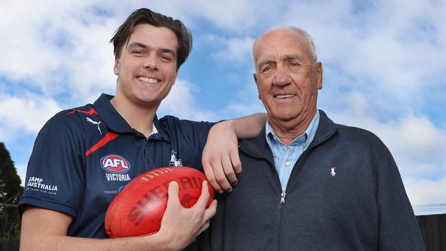 Draft hopeful Toby Wooller and his grandfather Fred Wooller, who captained Geelong's 1963 premiership. Picture: David Crosling