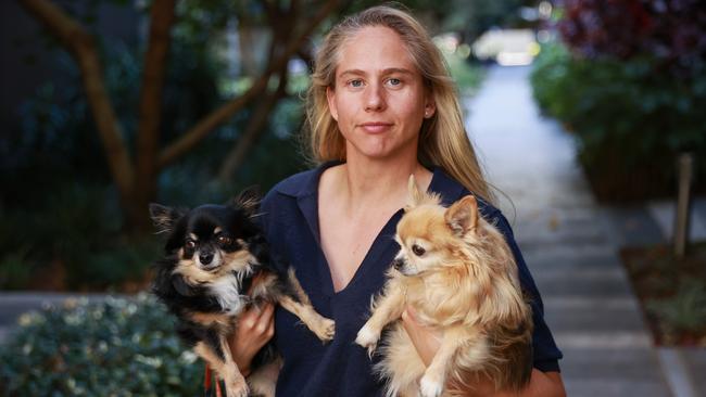 DChloe McCardel, with her dogs, Sundae and Toto, who have been evicted from her apartment in Zetland. Picture: Justin Lloyd.