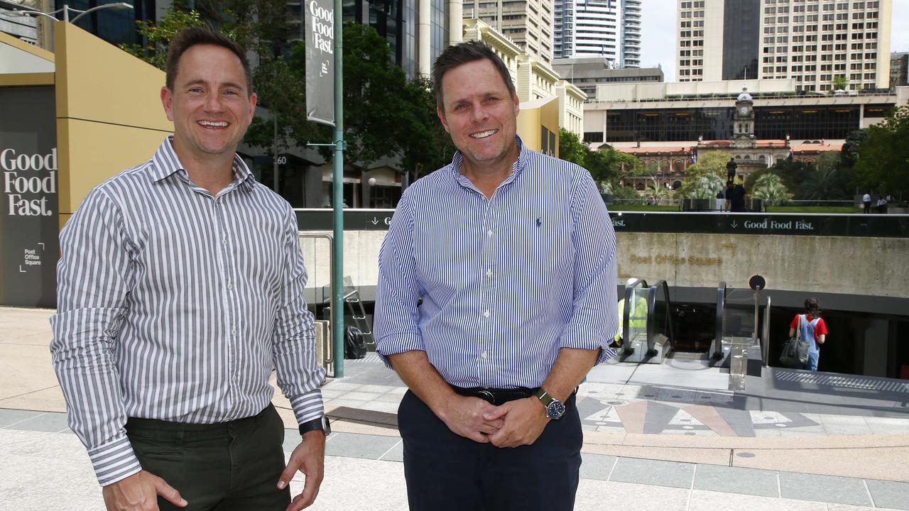 MacDonald’s operations manager Queensland Steve Jamieson and LaSalle Investment Management’s Simon Juniper at the Queen Street entrance to Post office Square.