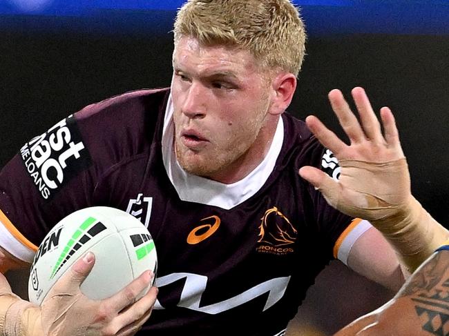 BRISBANE, AUSTRALIA - AUGUST 11: Tom Flegler of the Broncos runs with the ball during the round 24 NRL match between the Brisbane Broncos and Parramatta Eels at The Gabba on August 11, 2023 in Brisbane, Australia. (Photo by Bradley Kanaris/Getty Images)