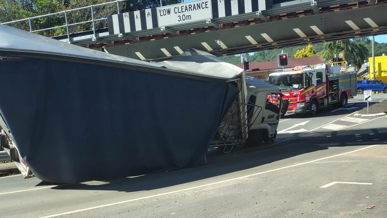 A truck has crashed into a rail bridge in Nambour, April 28, 2025.