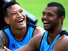 Israel Folau and Kurtley Beale during training today with the Waratahs at Moore Park after Kurtley signed a deal with London Wasps. Picture: Adam Taylor