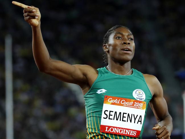 South Africa's Caster Semenya celebrates after winning the woman's 800m final at Carrara Stadium during the 2018 Commonwealth Games on the Gold Coast, Australia, Friday, April 13, 2018. (AP Photo/Mark Schiefelbein)