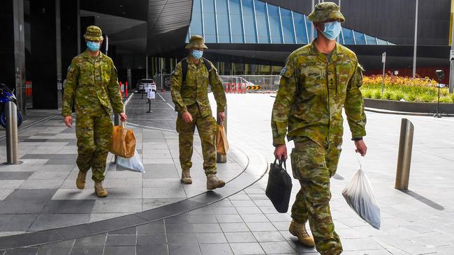 Soldiers are being used to support the hotel quarantine program. Picture: AFP