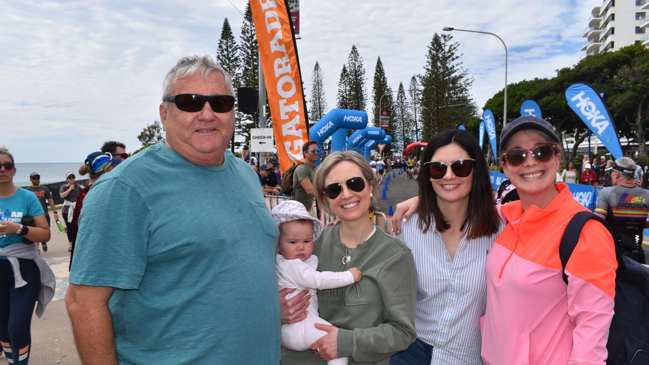 Kayla Geddes, Lauren Roberts, Dimity Williams, Lily Pollock and Wayne Pollock at the Sunshine Coast Ironman 70.3 at Mooloolaba 2022.