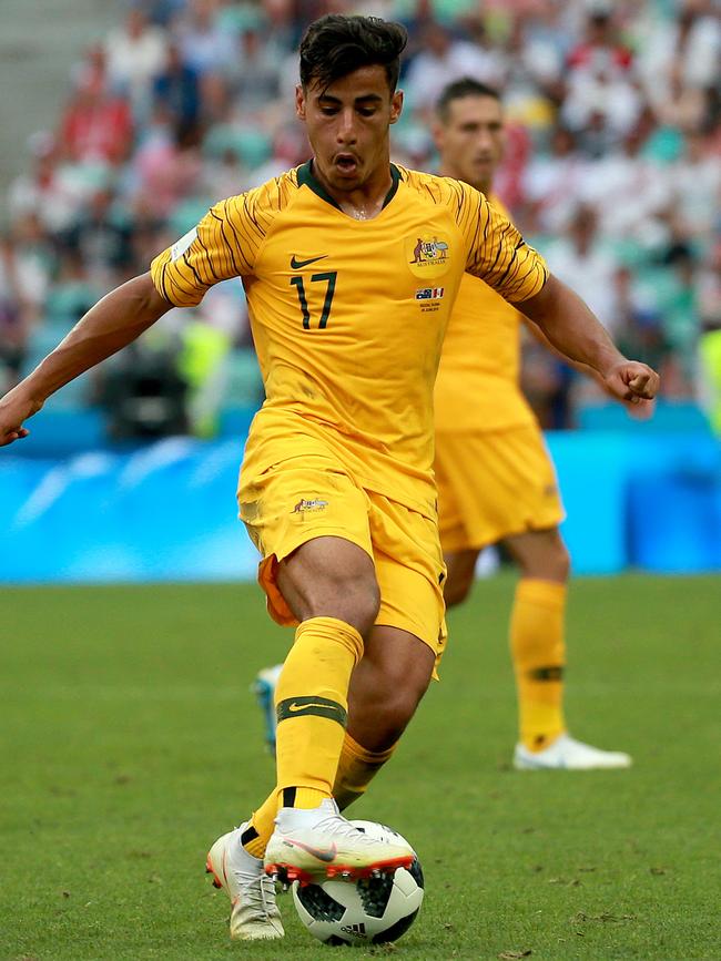 Daniel Arzani in action for the Socceroos at the 2018 World Cup. Picture: Toby Zerna