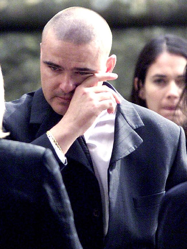 Matthew Wales crying at funeral of his mother and stepfather Paul King on May 8 2002.