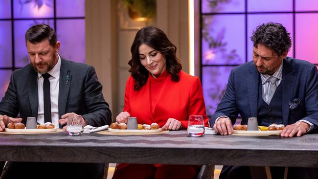 Manu Feildel, Nigella Lawson and Colin Fassnidge get ready to give their verdict in MKR finals week. Picture: Seven