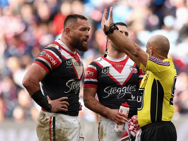 SYDNEY, AUSTRALIA - JULY 07: Jared Waerea-Hargreaves of the Roosters is sent to the sin bin and placed on report during the round 18 NRL match between Sydney Roosters and St George Illawarra Dragons at Allianz Stadium, on July 07, 2024, in Sydney, Australia. (Photo by Cameron Spencer/Getty Images)