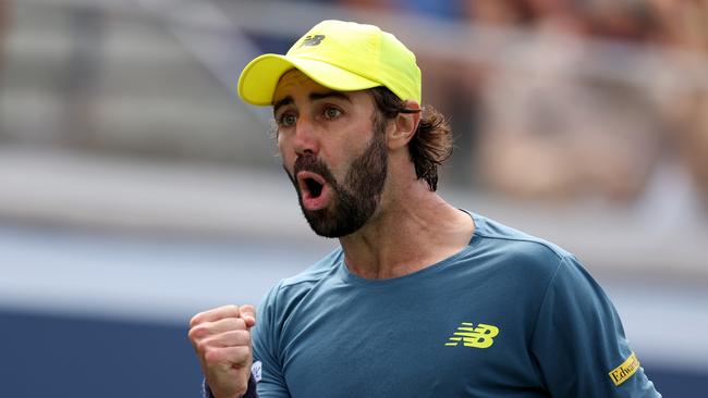 NEW YORK, NEW YORK - AUGUST 29: Jordan Thompson of Australia celebrates a point against Hubert Hurkacz of Poland during their Men's Singles Second Round match on Day Four of the 2024 US Open at USTA Billie Jean King National Tennis Center on August 29, 2024 in the Flushing neighborhood of the Queens borough of New York City. (Photo by Mike Stobe/Getty Images)