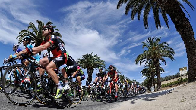 Evans rides near the front of the peleton during the opening stage of the Tour Down Under.