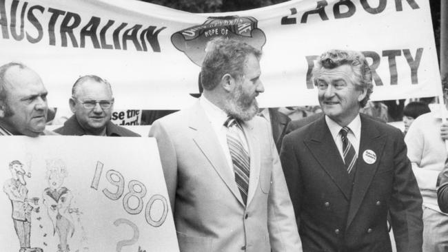 Then Trades and Labor Council leader Bob Gregory and ACTU president Bob Hawke at a rally in Adelaide in 1980.