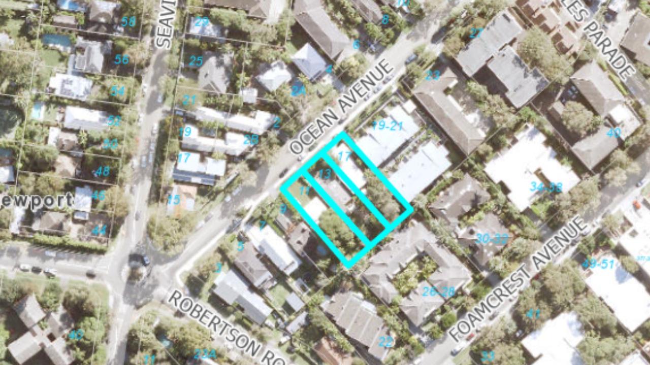 An aerial map of the three properties soon to be demolished. Picture: Google Maps / Northern Beaches Council