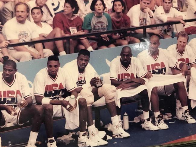 Leaning on the railing (top right corner) Shane Heal sits to the right of Andrew Gaze as the pair watch the 1992 Olympic gold medal game between the US Dream Team and Croatia.