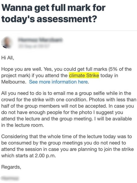 Screen shot of lecturers email to students.