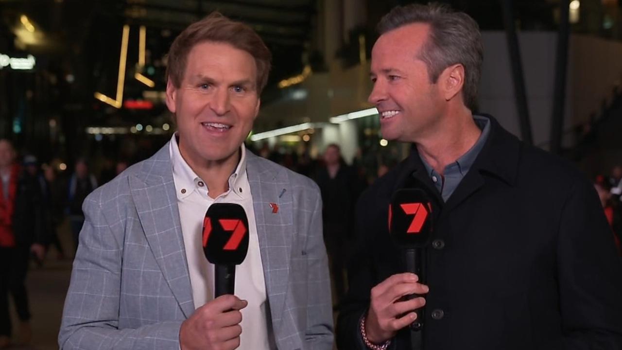Kane Cornes and Hamish McLachlan during Thursday night's introduction. Photo: Channel 7