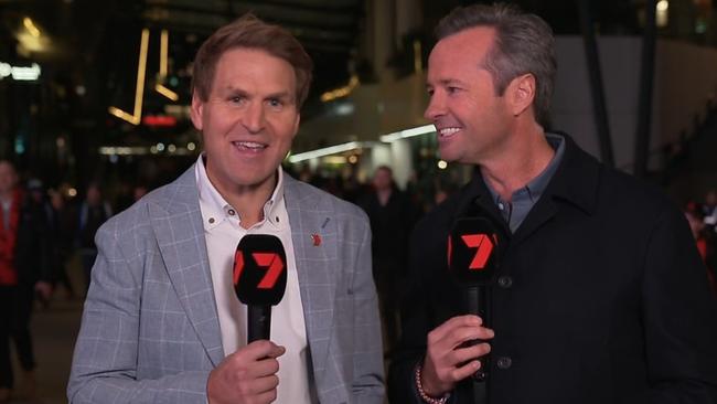 Kane Cornes and Hamish McLachlan during Thursday night's introduction. Photo: Channel 7