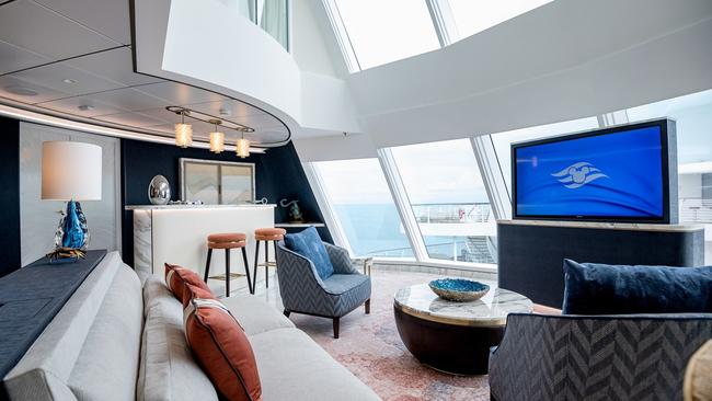 Disney Wish’s Concierge Suite features decor inspired by the movie Moana and has a double-height living room with a spectacular chandelier and floor-to-ceiling glass windows. Picture: Supplied.