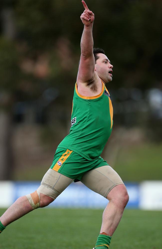 Chris O'Keefe enjoys a goal for Spotswood.