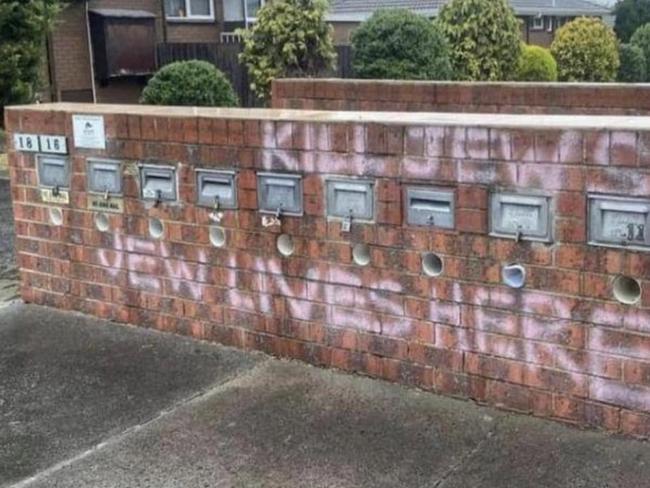 Anti Semitic Graffiti which says Kill Jews Jews Live here scrawled on an apartment block in Clayton , Melbourne in November 2023. Picture: Supplied