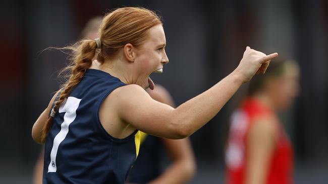 MELBOURNE, AUSTRALIA - APRIL 06: Sophie McKay of the AFL National Academy Girls celebrates a goal during the Marsh AFL National Academy Girls vs U23 All-Stars at Ikon Park on April 06, 2024 in Melbourne, Australia. (Photo by Darrian Traynor/AFL Photos/via Getty Images)