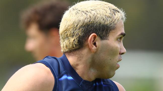 Tyson Stengle sports blonde locks at the Geelong Cats first full pre season training session. Picture: Alison Wynd