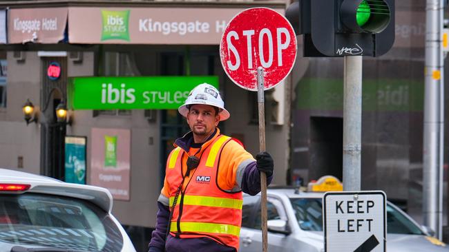 MELBOURNE AUSTRALIA - NewsWire Photos JULY 1, 2023: Construction workers are seen during upgrades causing disruption to city traffic for the next few months.Picture: NCA NewsWire / Luis Enrique Ascui