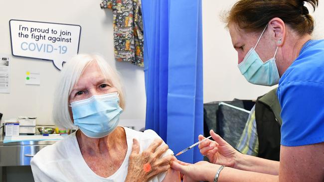 Receiving their vaccination is Barbara and Peter Freney administer by RN Ramona Connie at Buderim Marketplace Medical Centre. Picture: Patrick Woods.