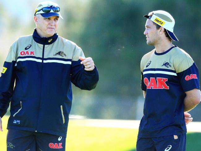 Matt Moylan talks to coach Anthony Griffin. Pic Jenny Evans