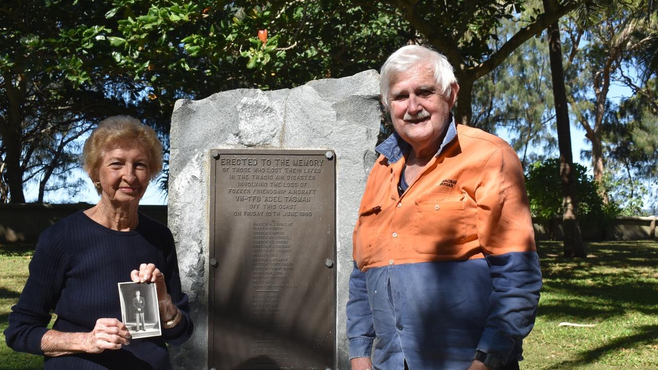 Mackay RSL Sub branch senior Vice President Col Benson with Audrey Camilleri at the memorial of the TAA Fokker F-27 Friendship plane crash tragedy which claimed the life of Ms Camilleri's 15-year-old brother Edgar Dowse 65 years ago. Photo: Luke Lay