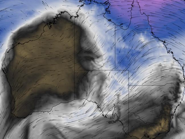 Model depicting northeasterly wind carrying moisture-laden air from Australia's northeast tropics towards South Australia. Picture: Weatherzone