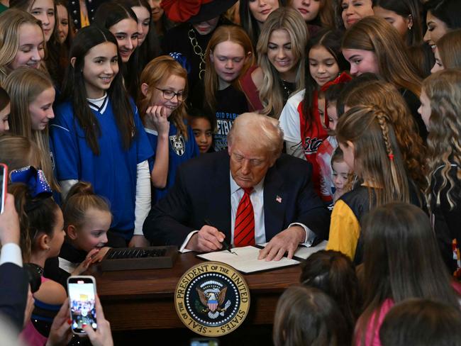 US President Donald Trump signs the No Men in Women's Sports Executive Order into law on February 5, 2025. Picture: AFP