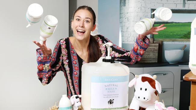 Gold Coast skincare company MooGoo, which is encouraging customers to bring in refill containers for its products to reduce plastic waste. Maryne Glas with empty bottles. Picture: Nigel Hallett.