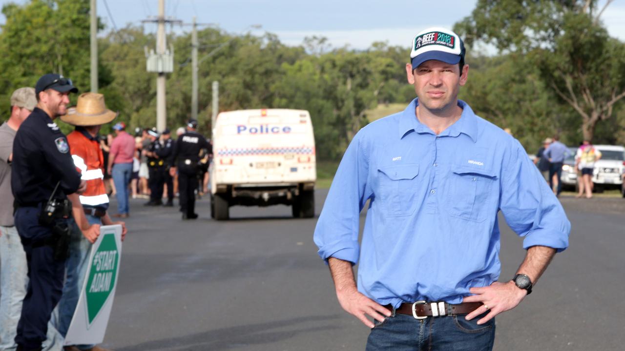 LNP Senator Matt Canavan near the Clermont Protest of the Bob Brown led Anti Adani Convoy in 2019. Picture: Image AAP/Steve Pohlner