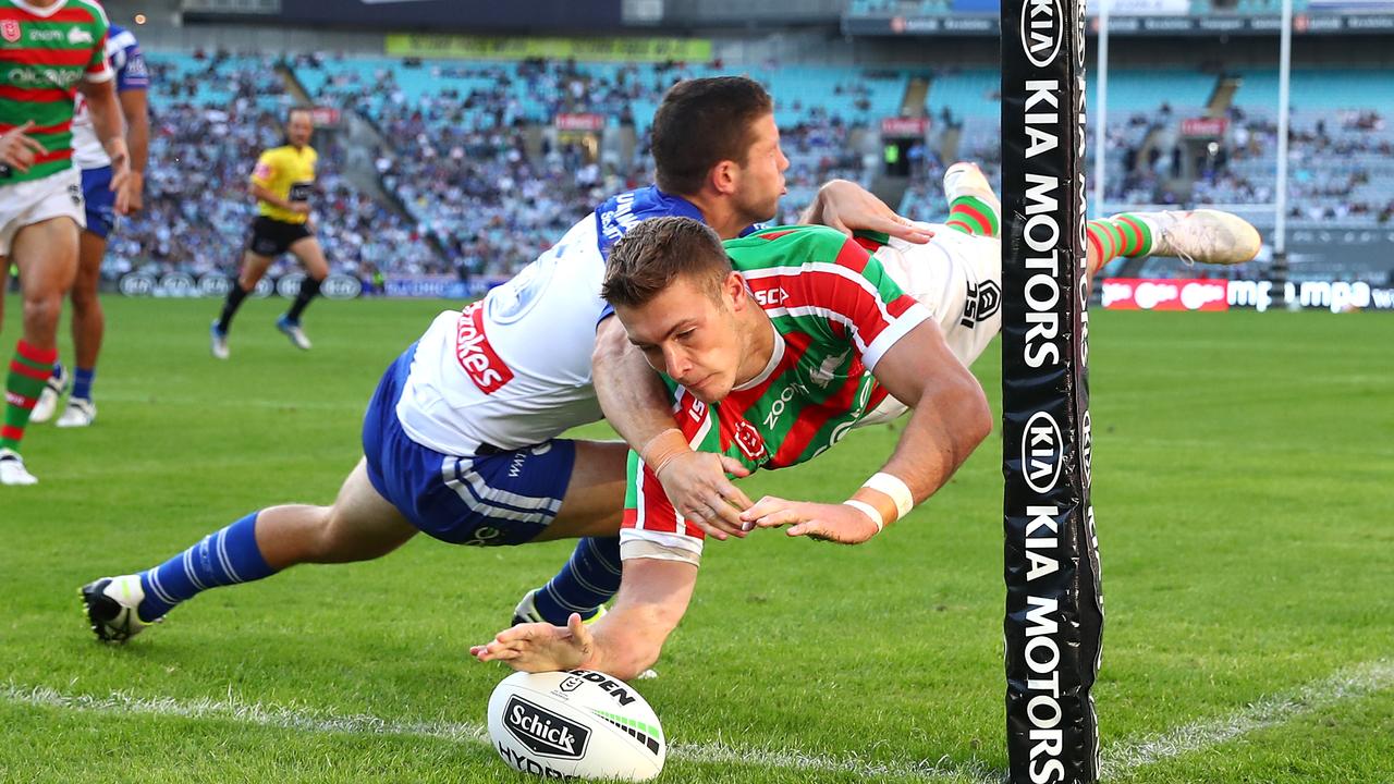 Campbell Graham scores for the Rabbitohs at ANZ Stadium.