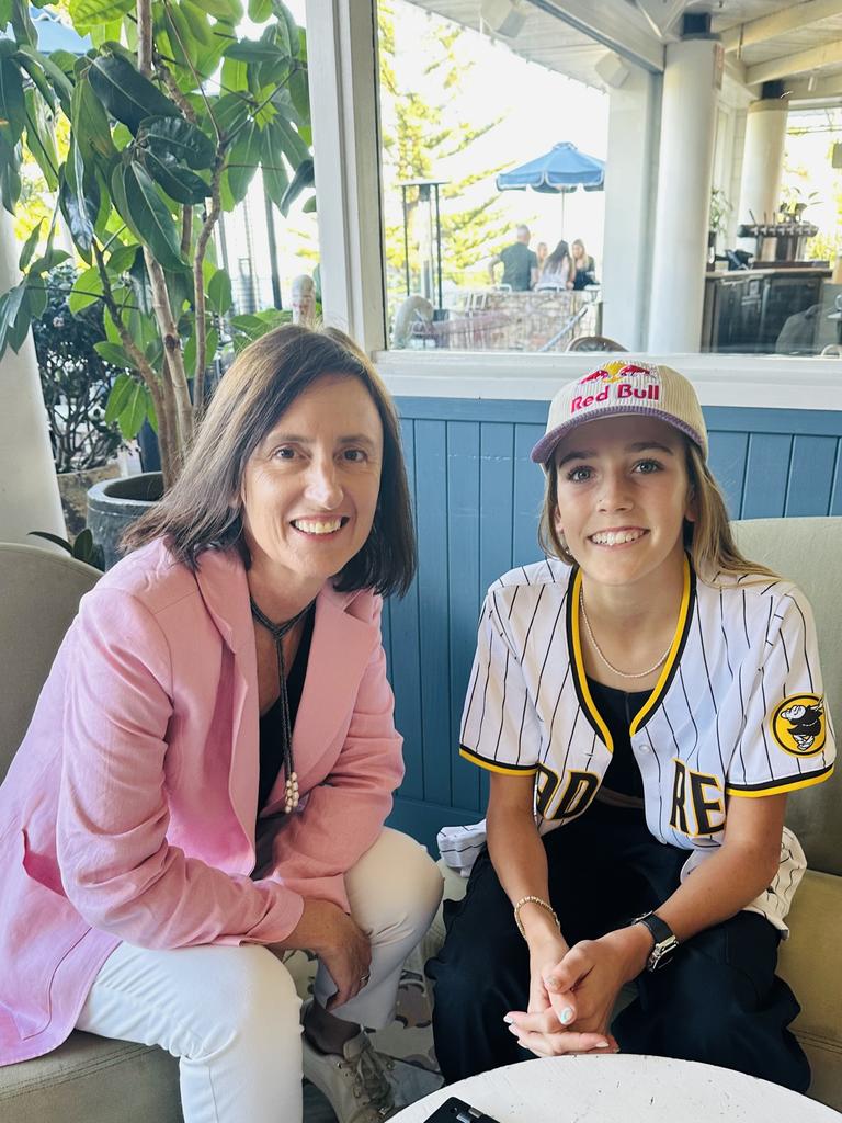 Olympic skateboarding sensation Chloe Covell, 14, and Kids News editor Diana Jenkins, met at Coogee Pavilion in Sydney, where Chloe was attending a fan event. Picture: Julie Covell