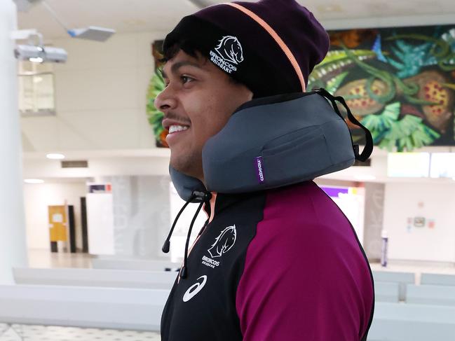 Selwyn Cobbo, Brisbane Broncos return home to Brisbane Airport after losing to the NZ Warriors. Picture: Liam Kidston