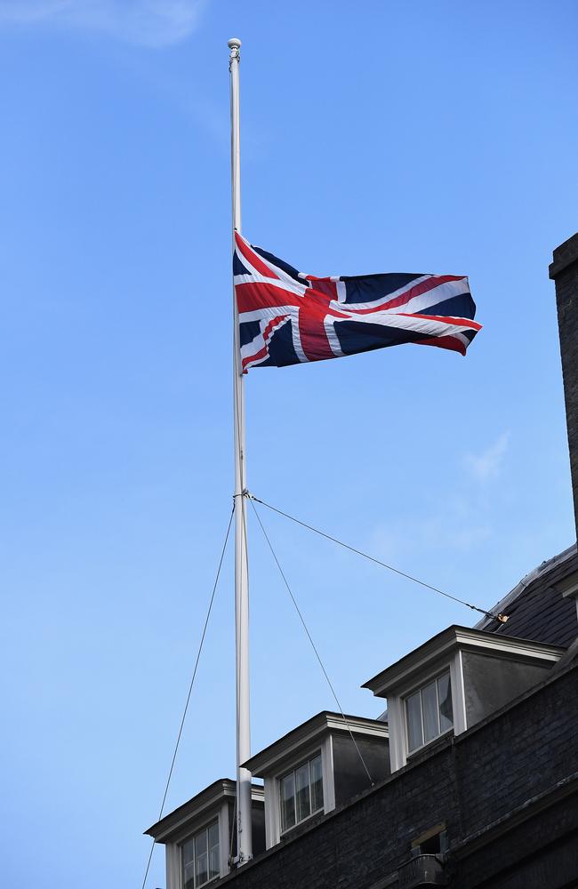 Flags fly at half-mast over Downing Street. Picture: Getty Images