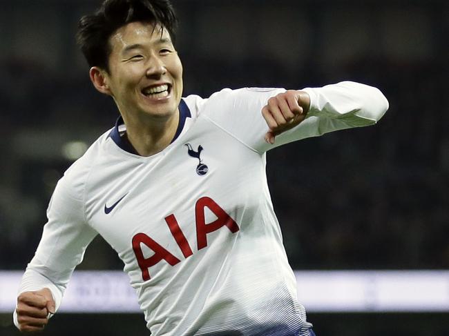 Tottenham's Heung-Min Son celebrates after scoring his side's fifth goal during the English Premier League soccer match between Tottenham Hotspur and Bournemouth at Wembley stadium in London, Wednesday, Dec. 26, 2018. (AP Photo/Tim Ireland)